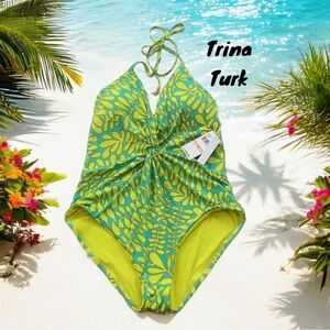 TRINA TURK NWT WOMENS TRELLIS ONE PIECE SWIM SUIT LIME GREEN TWIST FRONT SIZE 10